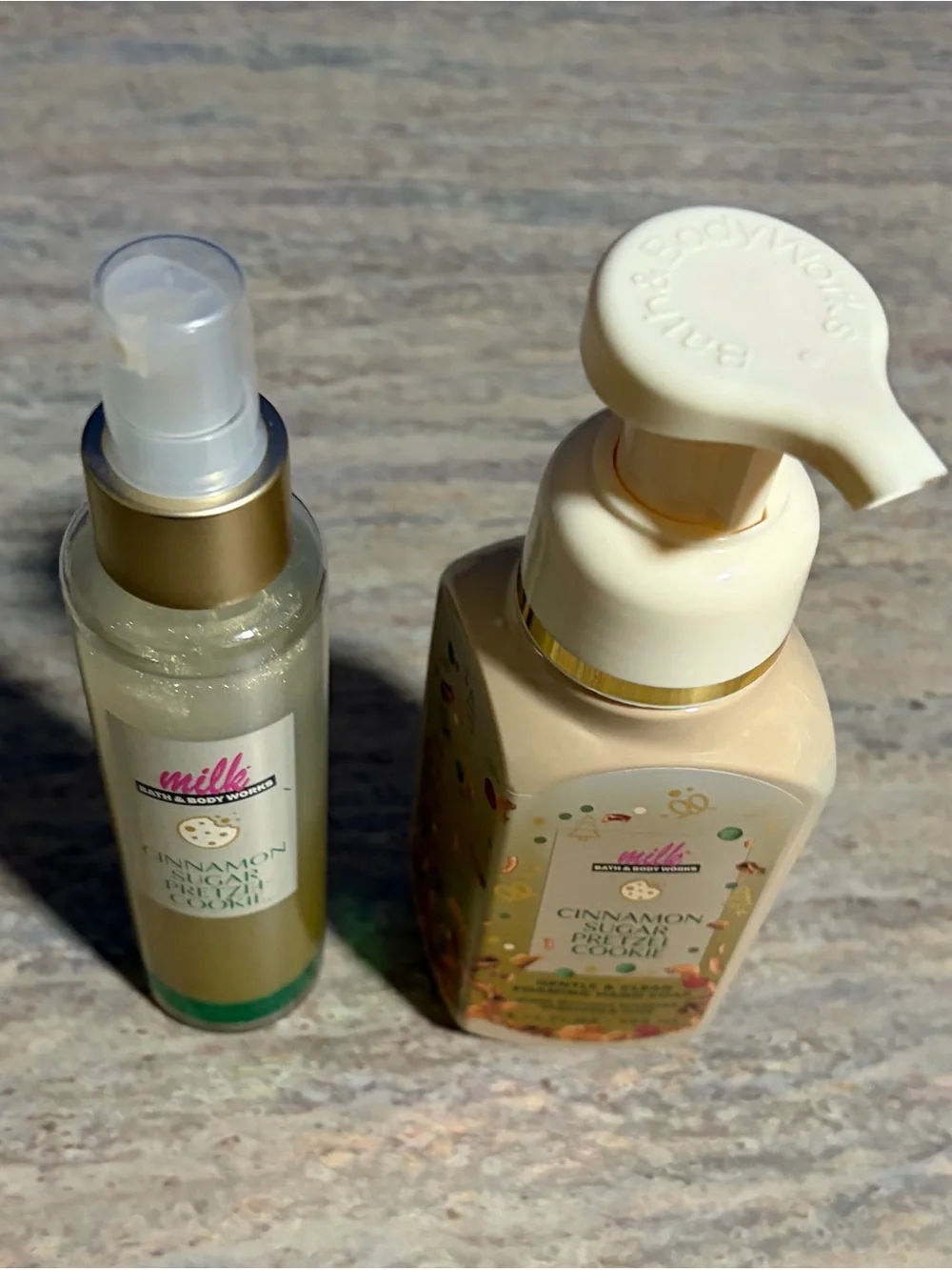Bath & Body Works Milk Cinnamon Sugar Pretzel Cookie Soap & Diamond Shimmer Mist